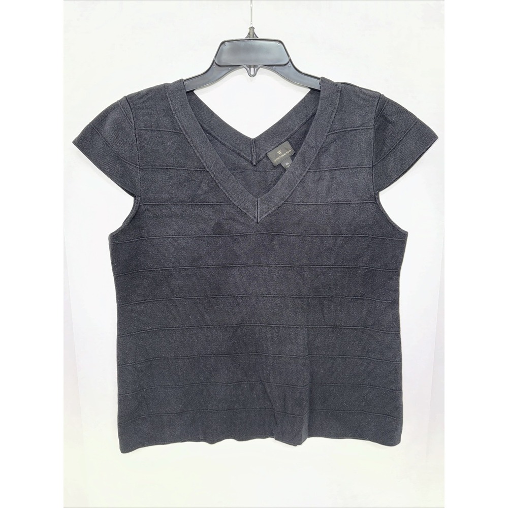 Worthington Shirt Women's Size XL Black Striped Short Sleeves V Neck Blouse
